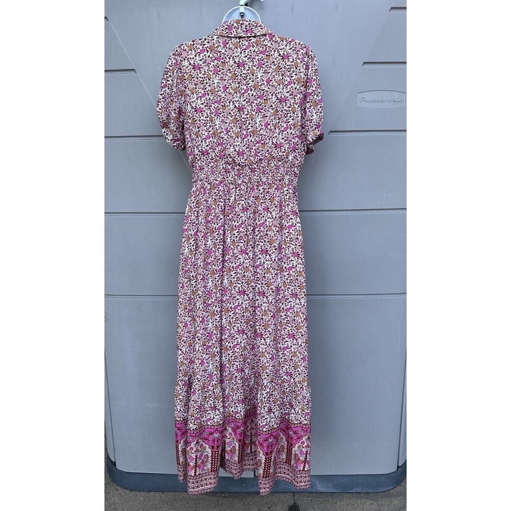In Loom Floral Border Print Button Front Midi Dress Sz S Feminine Cottagecore - Picture 9 of 14